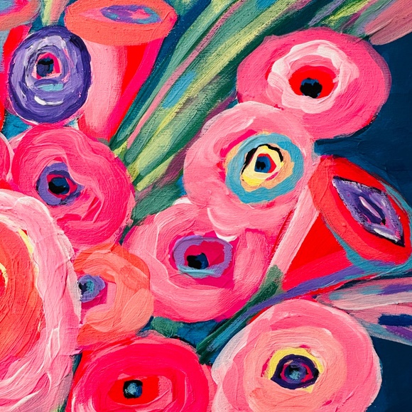 Original Abstract Floral Painting: Colorful Flowers Vase Still Life 12"x12" OOAK - Picture 6 of 10